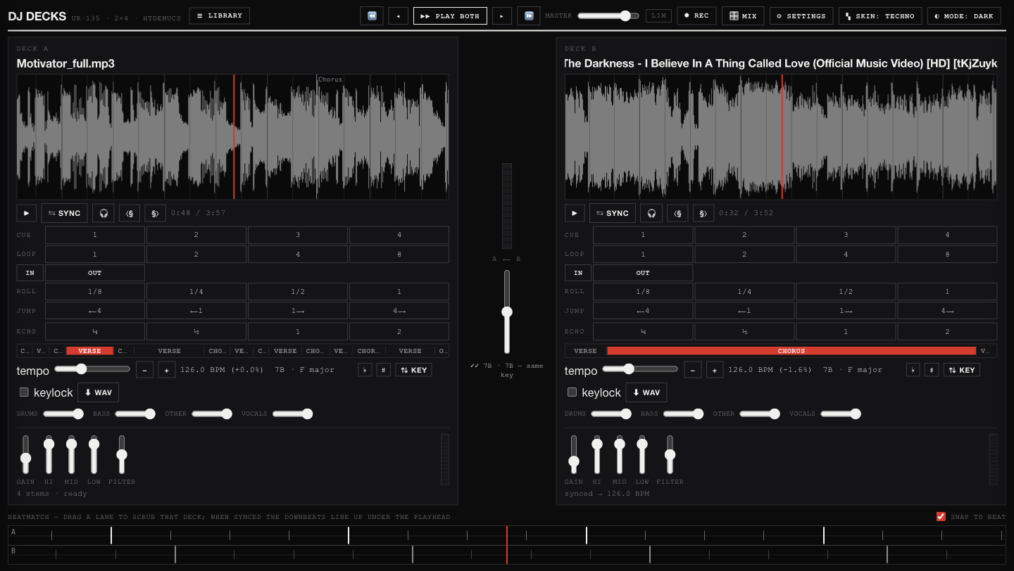 The DJ Decks two-deck mixer: two waveform decks flanking a crossfader, with a beatmatch view below.